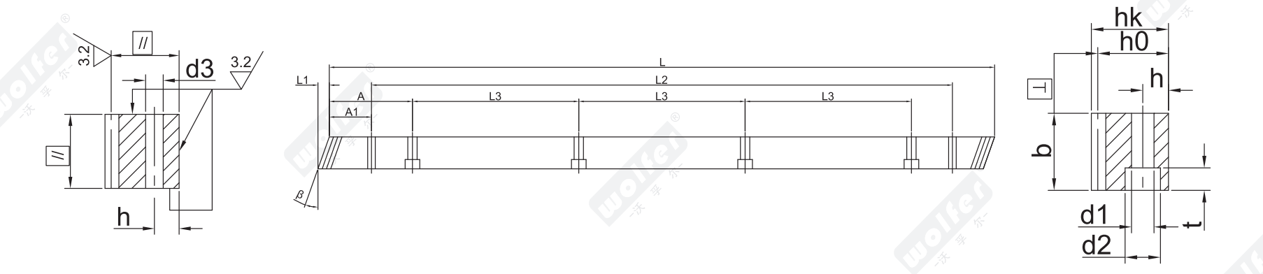 Milled helical rack dimension diagram