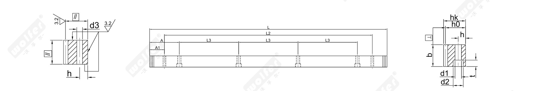 Milled straight rack dimension diagram